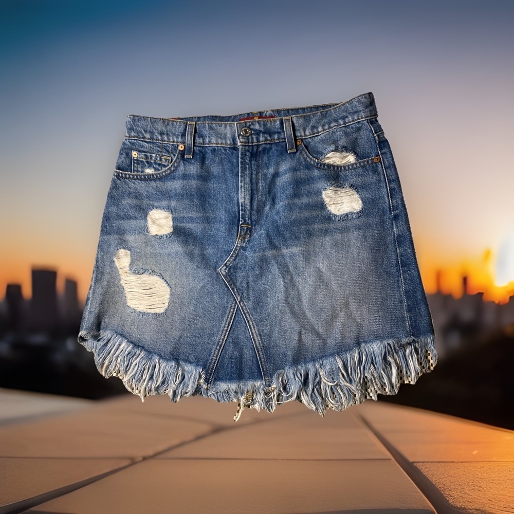7 For All Mankind Distressed Raw Hem Frayed Denim Jean Mini Skirt Womens Size 29